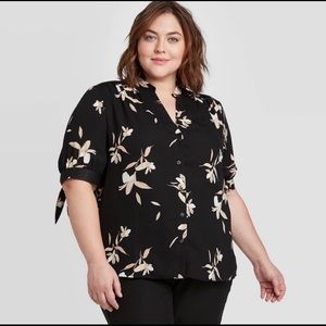 Ava & Viv Floral 1X Tie Sleeve Blouse